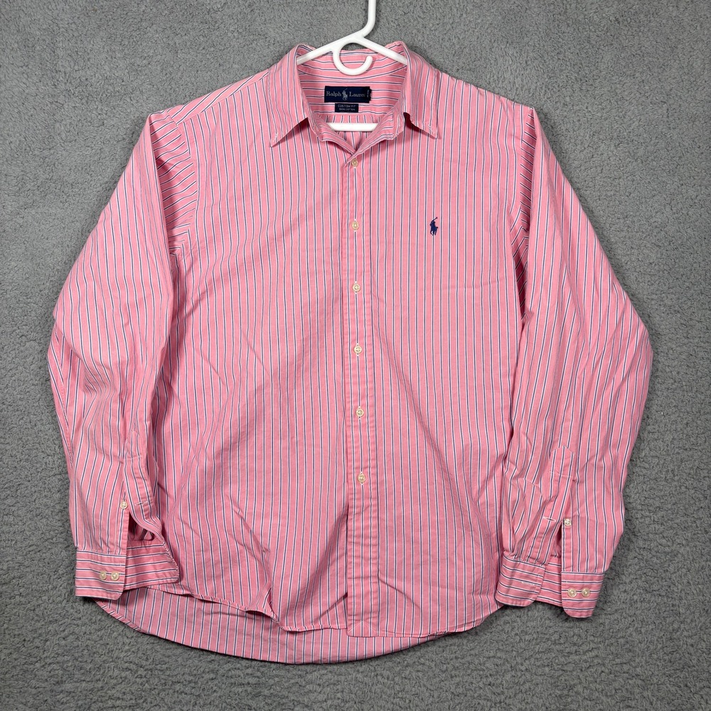 Ralph Lauren Shirt Mens XL 17.5 Pink Striped Custom Fit Cotton Button Down Long